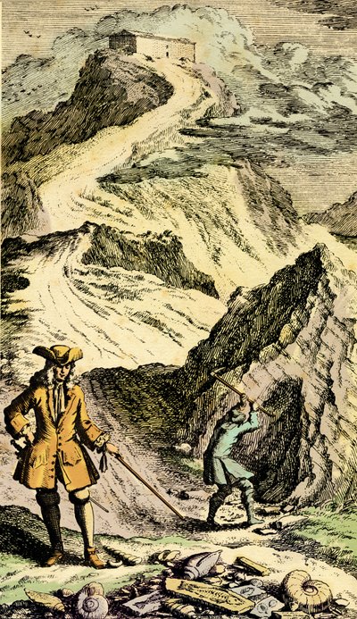 Paleontologie: Švýcarský přírodovědec Johann Jakob Scheuchzer (1672-1733) objevil ve švýcarských horách stopy po univerzální potopě díky fosiliím. Rytina z „Museum Diluvianum““ od Johann Jakob Scheuchzer