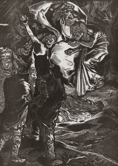 Macbeth a Banquo se setkávají se třemi čarodějnicemi, 20. století (rytina) od Johann Joseph Aarts