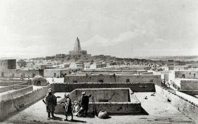 Timbuktu z terasy domu cestovatelů, z „Cesty a objevy v severní a střední Africe“, vydané 1857-58 od Johann Martin Bernatz