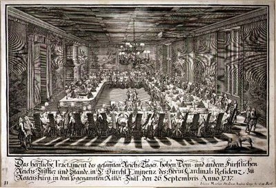 Banket v Králově sále v paláci kardinála v Řezně, 26. září 1717 (rytina) od Johann Matthias and Geyer Andreas Steidlin