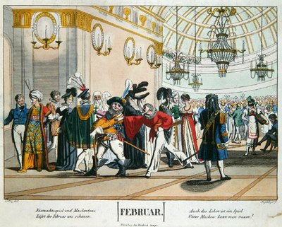 Masopustní ples, ilustrace kalendáře na únor, vydáno v Norimberku, kolem roku 1830 (barevná rytina) od Johann Michael (after) Voltz