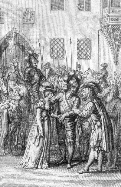Luxemburgin keisari Henrik VII (1275-1313) tapaa tulevan vaimonsa Margaretan Brabantilaisen (1276-1311), Johannes I:n, Brabantin herttuan ja Margaritan Dampierren tyttären (Henry VII, Pyhän Rooman keisari tapaa vaimonsa Margaretan Brabantilaisen Johannes I od Johann Michael Mettenleiter