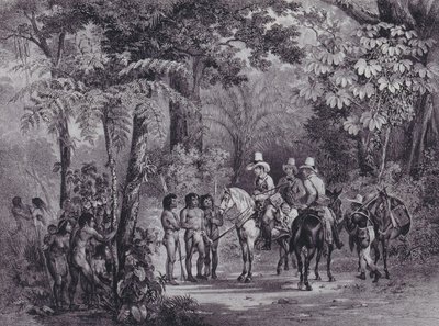Setkání indiánů s evropskými badateli z „Malebné plavby do Brazílie“ od Johann Moritz Rugendas