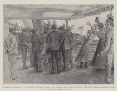 Mezinárodní zdvořilost na cestě do Číny, německý parník Prinz Heinrich pozdravil HMS Highflyer britskou národní hymnou v Suezu od Johann Nepomuk Schonberg