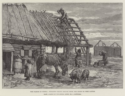 Hladomor v Rusku, rolníci berou došky ze střech, aby nakrmili dobytek od Johann Nepomuk Schonberg