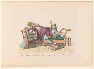 Leraar van Krähwinkel ležící na pohovce s boekenem Magister von Krähwinkel leží na jazycích a vědách (titul na předmětu) od Johann Nussbiegel (possibly)