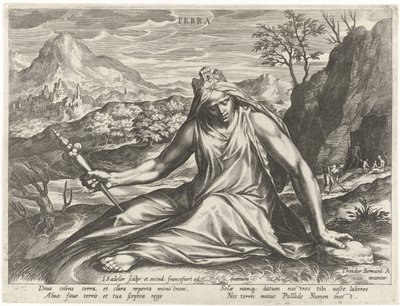 Země zosobněná bohyní Cybele Terra (název na objektu) Čtyři živly jako mytologické postavy (název série) od Johann Sadeler (I)