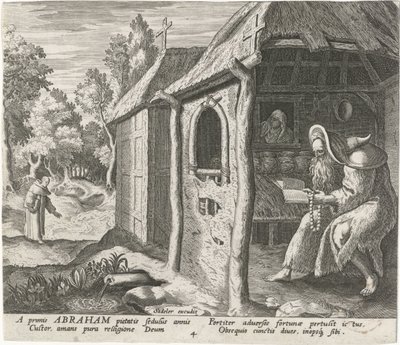 Abraham z Edessy jako poustevník Mužští poustevníci (název série) Solitudo Sive Vitae Patrum Eremicolarum (název série) od Johann Sadeler (I)