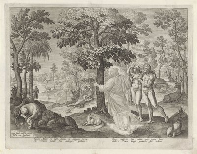 Adam a Eva v ráji Historie Kainovy ​​rodiny / O dobrých a špatných dílech (název série) Boni et mali scientia (název série) od Johann Sadeler (I)
