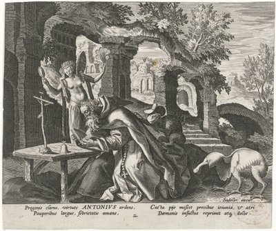 Antonína Velikého jako poustevníka Mužští poustevníci (název série) Solitudo Sive Vitae Patrum Eremicolarum (název série) od Johann Sadeler (I)