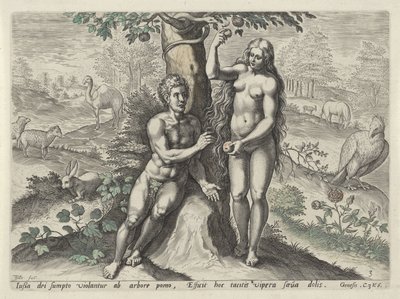 Eva svádí Adama Mužský pád (název seriálu) od Johann Sadeler (I)