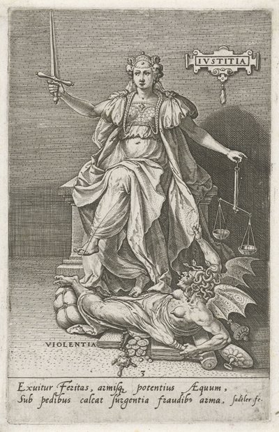 Spravedlnost (Justitia) vítězí nad násilím (Violentia) Spravedlnost (titul na předmětu) Ctnosti dobývají neřesti (název série) od Johann Sadeler (I)