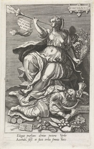 Svědomí (Conciosacra) vítězí nad falešnými proroky (Pseudo prophetae) Conciosacra (titul na předmětu) Ctnosti dobývají neřesti (název série) od Johann Sadeler (I)