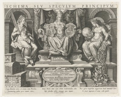 Autorita (Potestas), Prestiž (Nobilitas) a Benevolence (Liberalitas) Titulní tisk pro sérii o vlastnostech prince Hlavní činnosti prince (název série) Schema, seu speculum principum (název série) Harmonogram, sev specvlvm od Johann Sadeler (I)