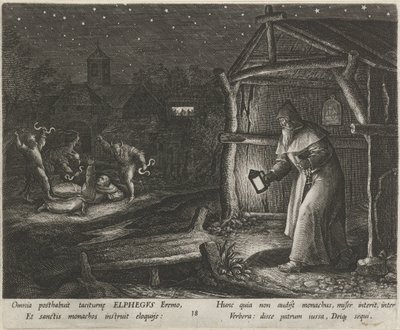 Svatý Alfegus z Canterbury jako poustevník Ctnostný život poustevníků (název série) Trophaeum vitae solitariae (název série) od Johann Sadeler (I)