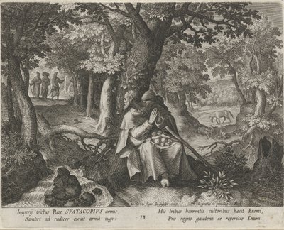 Svatý Suatacopius jako poustevník Ctnostný život poustevníků (název série) Trophaeum vitae solitariae (název série) od Johann Sadeler (I)
