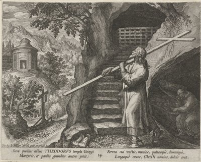 Svatý Theodore Tiro jako poustevník Ctnostný život poustevníků (název série) Trophaeum vitae solitariae (název série) od Johann Sadeler (I)