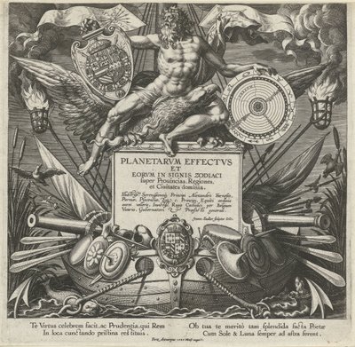 Jupiter en een oorlogsschip se setkal s wapen van Alessandro Farnese Titelprent van een prentserie over de influence van de planeten over streken Účinky planet a jejich znamení ve zvěrokruhu (název série) Planetární efektvs a eorvm ve znameních zvěrokruhu  od Johann Sadeler (I)