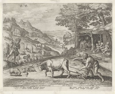 Kain a Ábel jako farmář a pastýř Historie Kainovy ​​rodiny / O dobrých a špatných dílech (název série) Boni et mali scientia (název série) od Johann Sadeler (I)