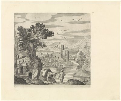 Krajina s farmářem a jeho oslem Italské krajiny (název série) od Johann Sadeler (I)