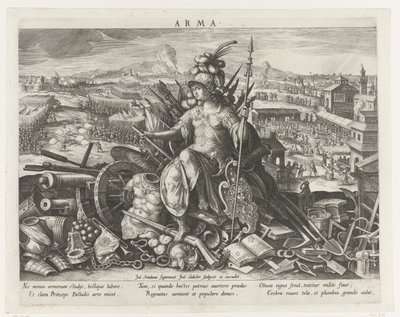 Minerva jako patronka bojového umění Arma (název na objektu) Hlavní činnosti prince (název série) Schema, seu speculum principum (název série) od Johann Sadeler (I)