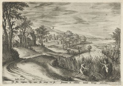 Pan pronásleduje nymfu Syrinx Krajiny s mytologickými scénami (název série) od Johann Sadeler (I)