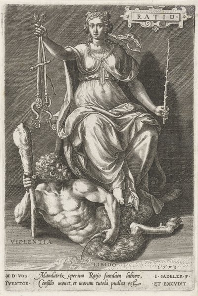 Rozum (Ratio) překonává Violentia (Violentia) Poměr (název na objektu) Ctnosti dobývají neřesti (název série) od Johann Sadeler (I)