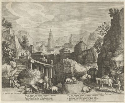 Skalnatá krajina s bajkou o oslu a divočákovi Emblémy v krajině (název série) od Johann Sadeler (I)