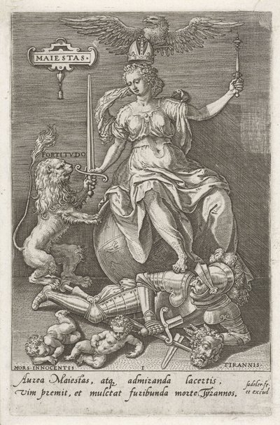 Důstojnost (Majestas) překonává Tyranii (Tyrannis) Maiestas (název na objektu) Ctnosti dobývají neřesti (název série) od Johann Sadeler (I)