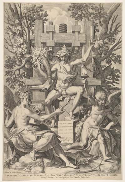 Bakchus, Hudba, Amor, 1575-1600. od Johann Sadeler I