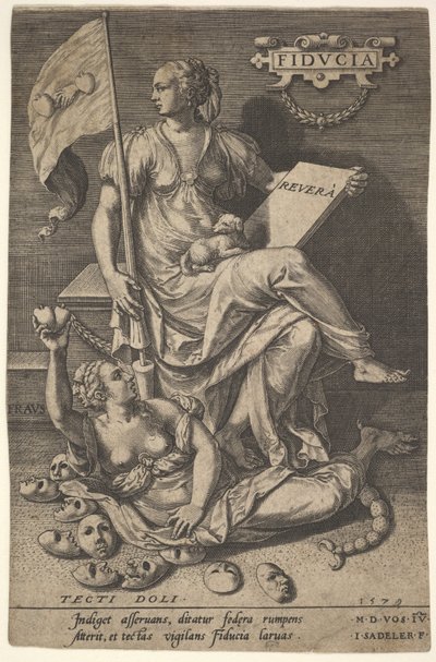 Fiducia, sedící žena drží knihu a prapor, zatímco odvrací hlavu od holé..., 1579. od Johann Sadeler I