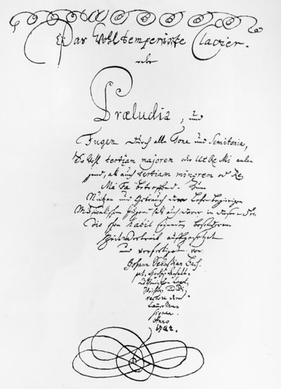 Ručně psaný titulní list The Well Tempered Piano, 1722 (pero a inkoust na papíře) od Johann Sebastian Bach
