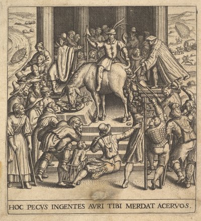 Muži sbírající trus kapající ze zadní části mezka, s jezdcem sedícím u..., 1592-1614. od Johann Theodor de Bry