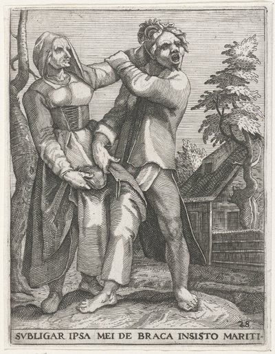 Strijd om de broek ZAVÁŽU SE NA MANŽELOVY NÁSLEDNÉ KALHOTY (nadpis na předmětu) Secular Emblems, 1596 (název série) od Johann Theodor de Bry