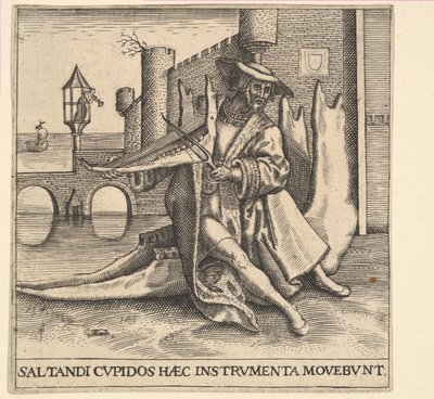 Bohatý muž hrající na housle na čelistní kosti. od Johann Theodor de Bry