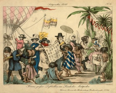 Greenův horkovzdušný balón v Antipodes, kolem roku 1840 (ručně kolorovaný lept) od Johann Wenzel Zinke