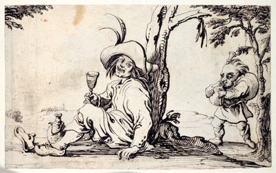 Venkovský sedící a osvěžující se a trpaslík s dudami (pero a inkoust na papíře) od Johann Wilhelm Baur