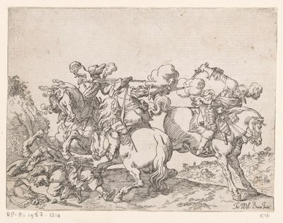 Dva mušketýři na koni střílejí na jezdce Bojové scény (název série) Capricci di varie battaglie (název série) od Johann Wilhelm Baur