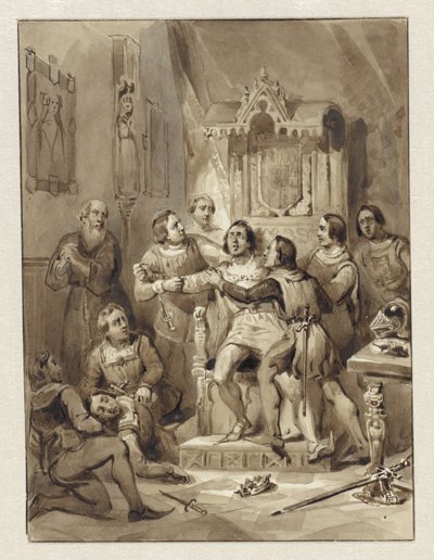 Hrabě William V se zblázní a zavraždí Gerrita van Wateringena, 1357 od Johann Wilhelm Kaiser (I)
