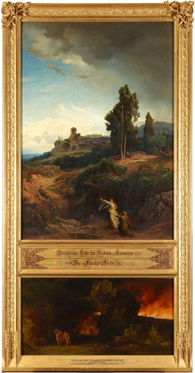 Abrahams Bitte für Sodom (oben). Die Flucht Lots (unten). Aus dem Zyklus "Zwölf biblische Landschaften mit der Geschichte Abrahams" od Johann Wilhelm Schirmer