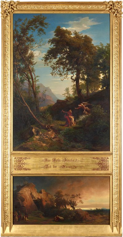 Obětování Izáka (nahoře). Abrahamův smutek nad Sárou (dole). Z cyklu „Dvanáct biblických scenérií s příběhem Abrahama“ od Johann Wilhelm Schirmer