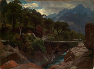 Švýcarská horská řeka s lávkou od Johann Wilhelm Schirmer