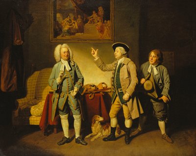 Scéna z "Lásky ve vesnici" od Isaaca Bickerstaffa, dějství 1, scéna 2, s Edwardem Shuterem jako soudcem Woodcockem, Johnem Beardem jako Hawthornem a Johnem Dunstallem jako Hodgem, od Johan Joseph Zoffany