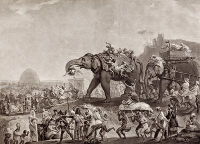 Vyslanectví Hyderbecku do Kalkaty od vezíra z Oude, cestou z Patny, v roce 1788, na setkání s lordem Cornwallisem, vydáno kolem roku 1800 (mezzotinta) od Johan Joseph Zoffany
