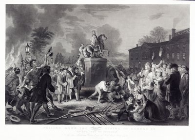 Stržení sochy Jiřího III. od Synů svobody, v Bowling Green, City of New York, červenec 1776, hospoda. 1875 od Johannes Adam Simon after Oertel
