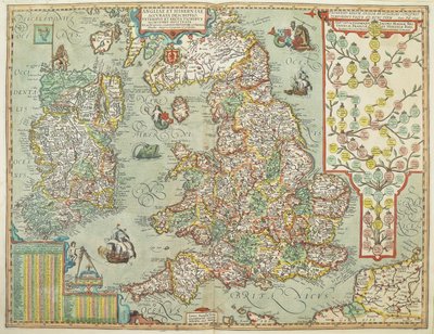 Mapa Anglie a Irska nakreslená v roce 1606 (barevná rytina) od Johannes Baptista Vrints