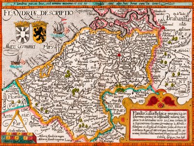 Mapa Flander podle kartografa Matthiase Quada z jeho „Fasciculus Geographicus“, později ruční kolorování (barevné rytí) od Johannes Bussemacher