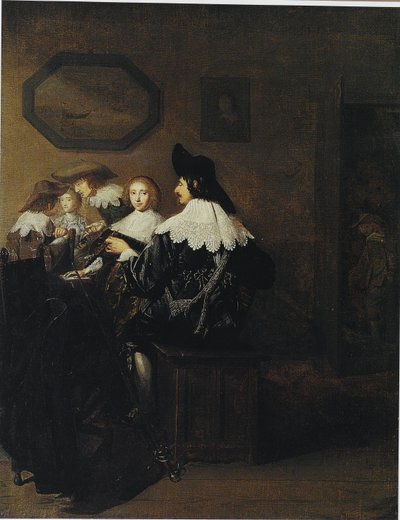 Společnost s mužem hrajícím na loutnu, sedícím u stolu od Johannes Cornelisz Verspronck