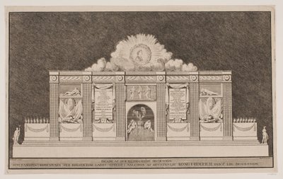 „Fasáda dekorace Illuminations, kterou Banqven v Kiøbenhavnu na burze postavil u příležitosti průvodu Jeho Výsosti krále Fridericha V Liig“ od Johannes Gottfred Bradt