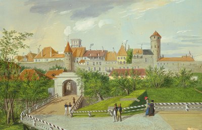 Pohled na Malou pobřežní bránu s věžemi Hattorpe a Stolting, Tallinn, kvaš na kartonu) od Johannes Hau